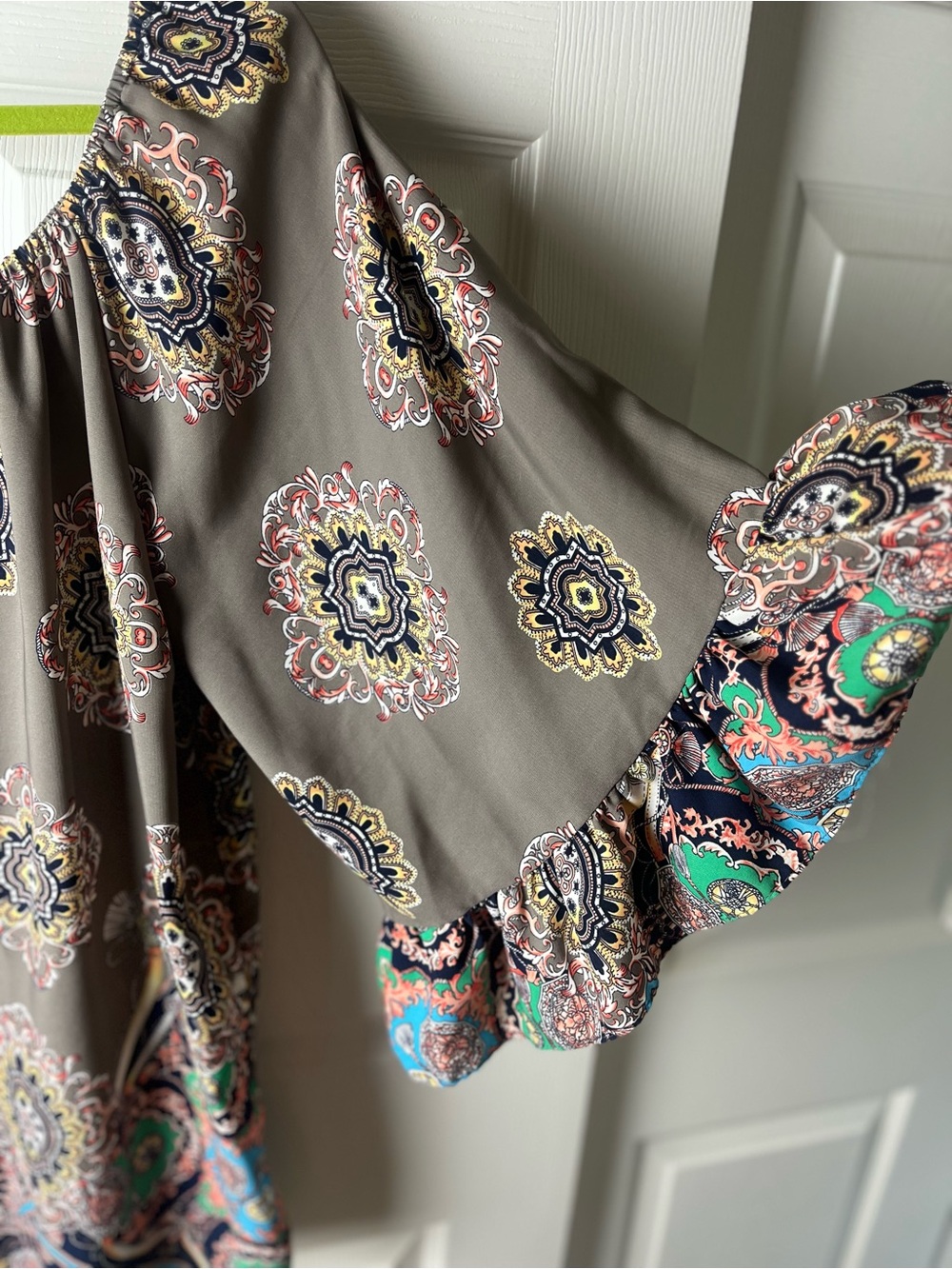 Womens Taupe Bohemian Print Off-Shoulder Top - Picture 2 of 4